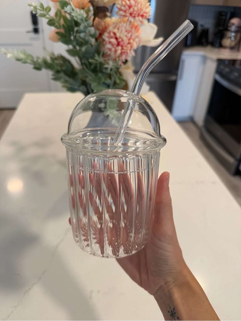 Clear Glass Cup with Dome Lid and Straw